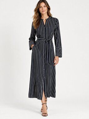 100% Silk Equipment Femme Black White Pinstripe Belted Shirt Dress - Size S